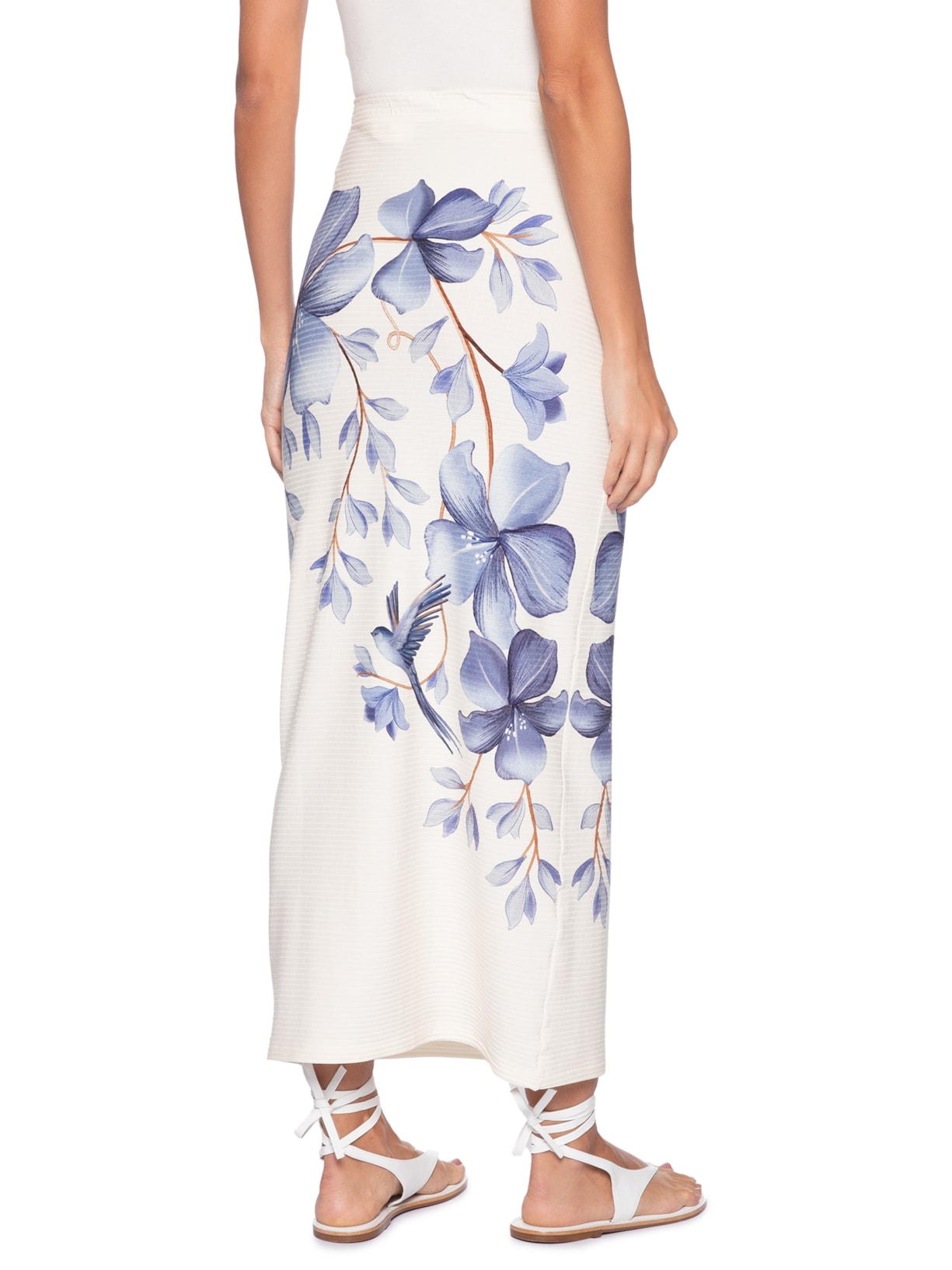 Saia Midi Reta Voo Em Flor E Branco Farm