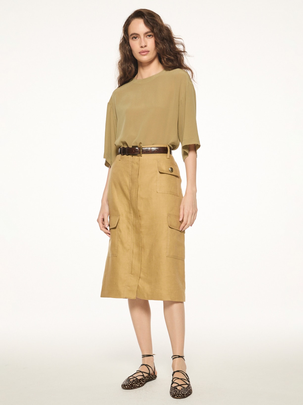Saia Midi Skin Linen V27 Bege Mixed