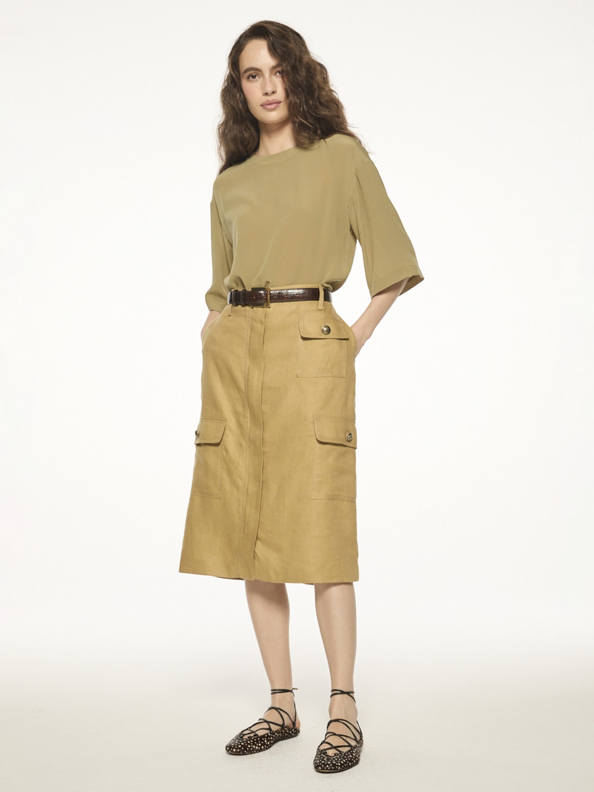 Saia Midi Skin Linen V27 Bege Mixed