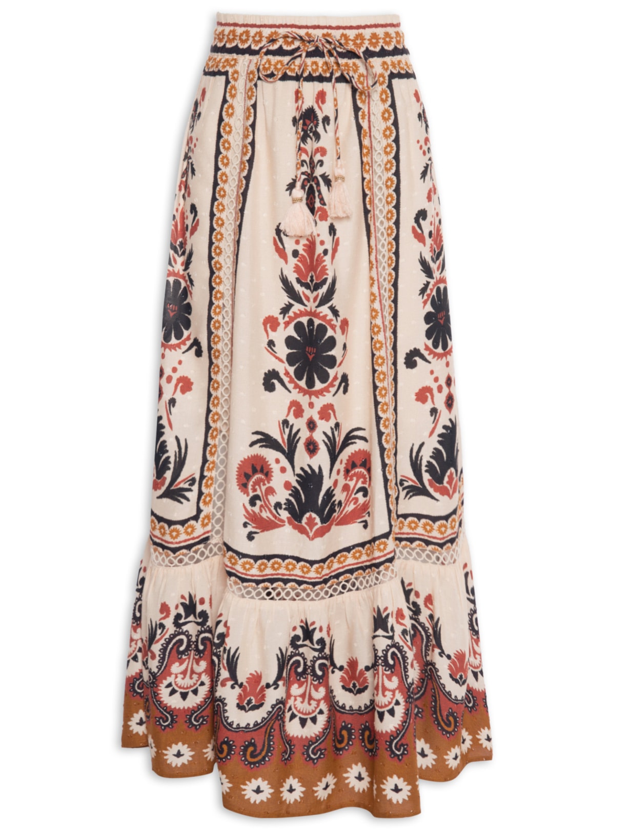 Saia Midi Tapete De Flor - Bege