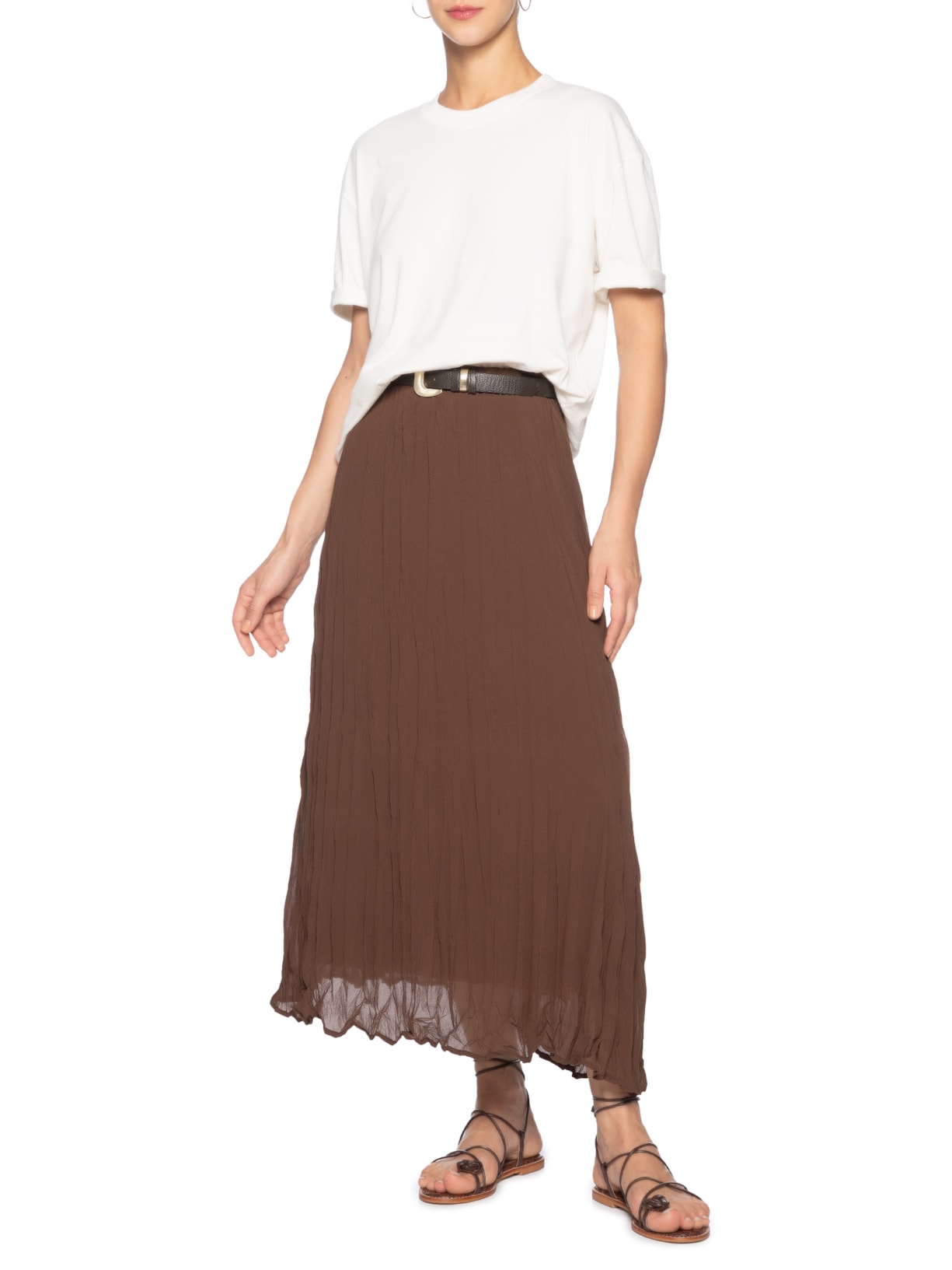 Saia Midi Texturizada Marrom Basiq