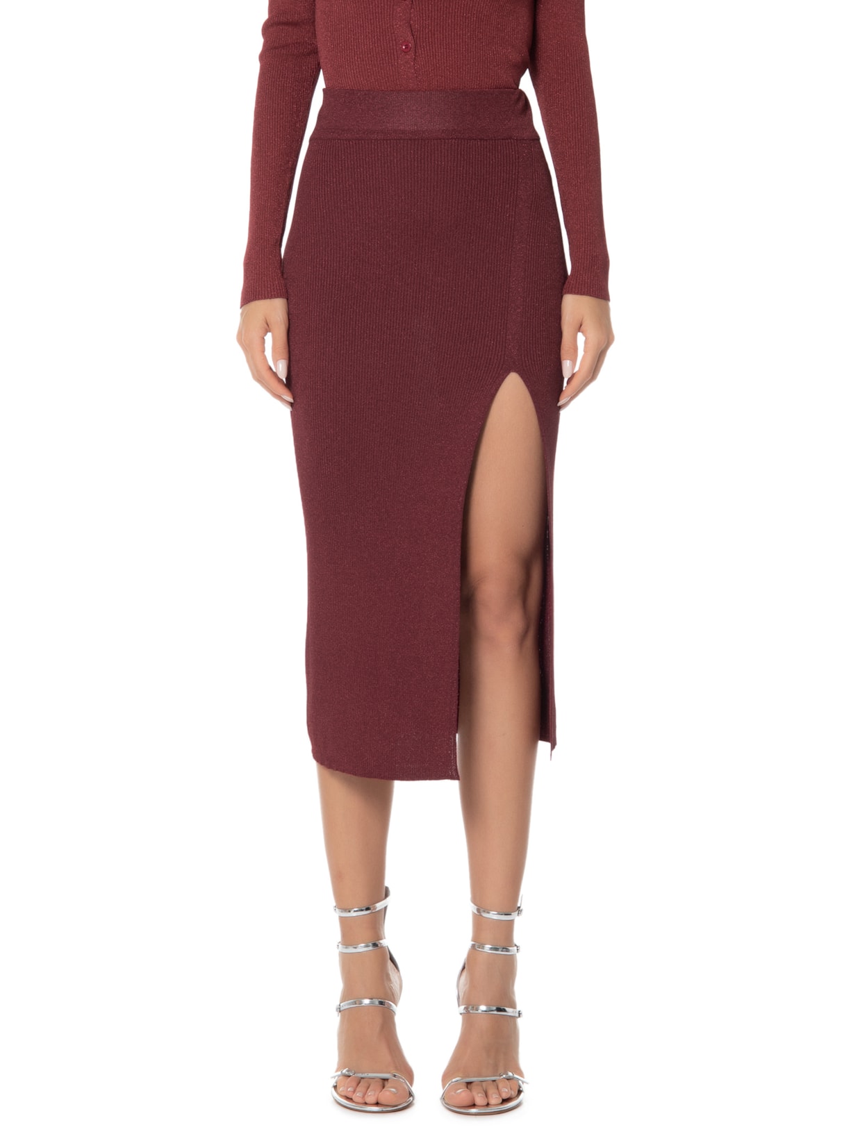 Saia Midi Tricot Canelado Lurex Colors Vinho Animale