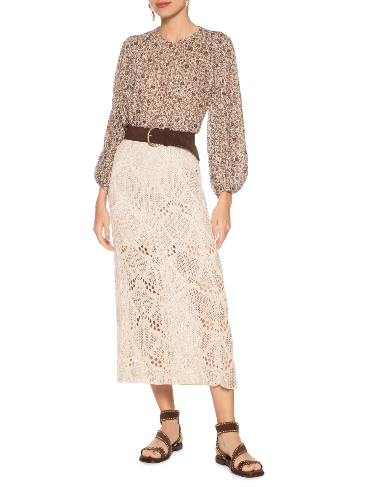 Saia Midi Tricot Ponto Rendado Off White Maria Filó