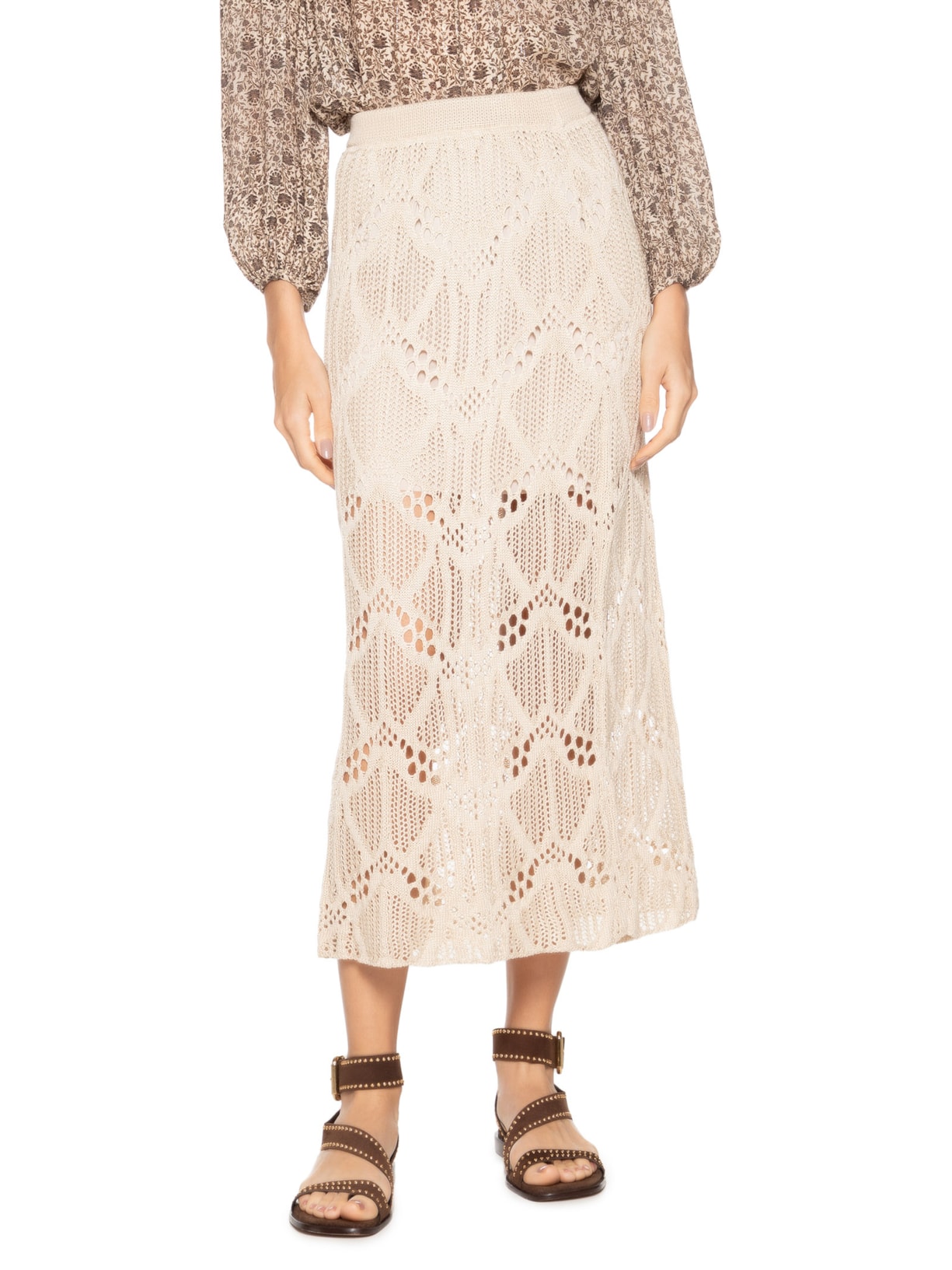 Saia Midi Tricot Ponto Rendado Off White Maria Filó