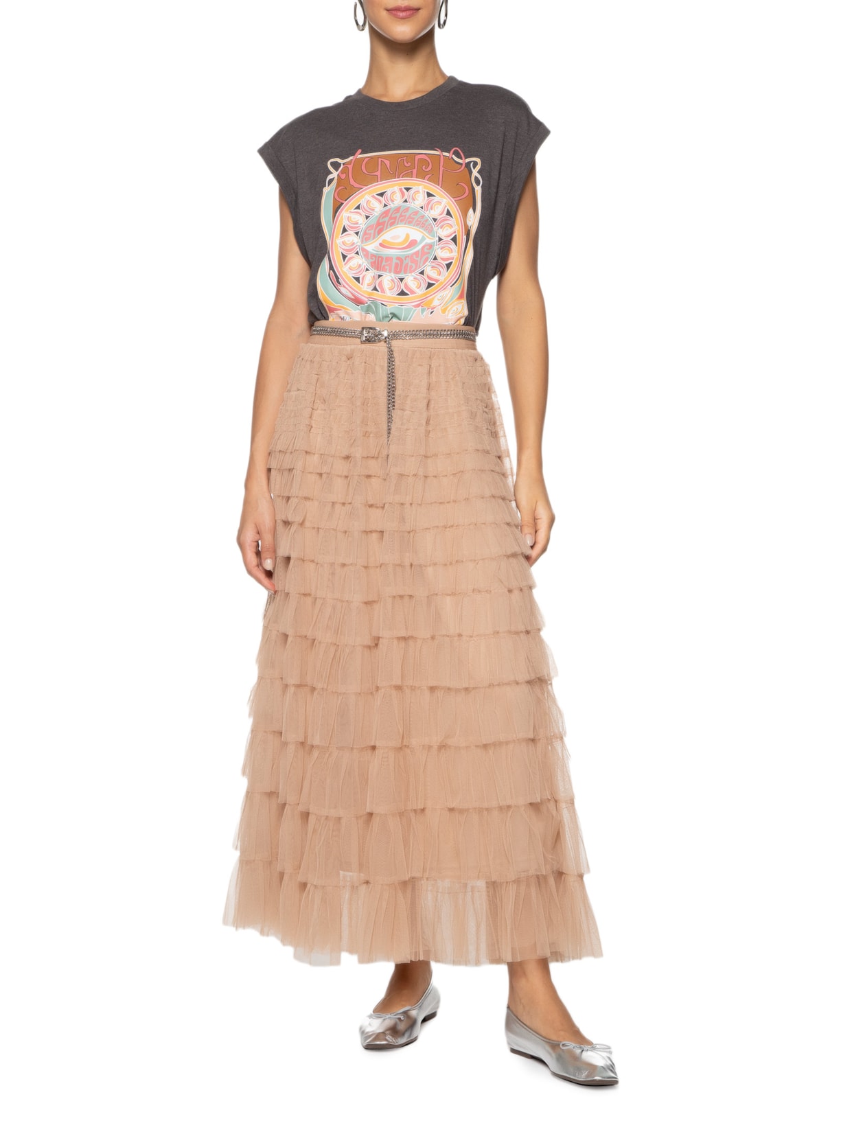 Saia Midi Tule Bege Market 33