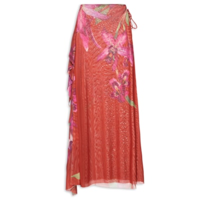 Saia Midi Tule Floral Orquídea - Vermelho