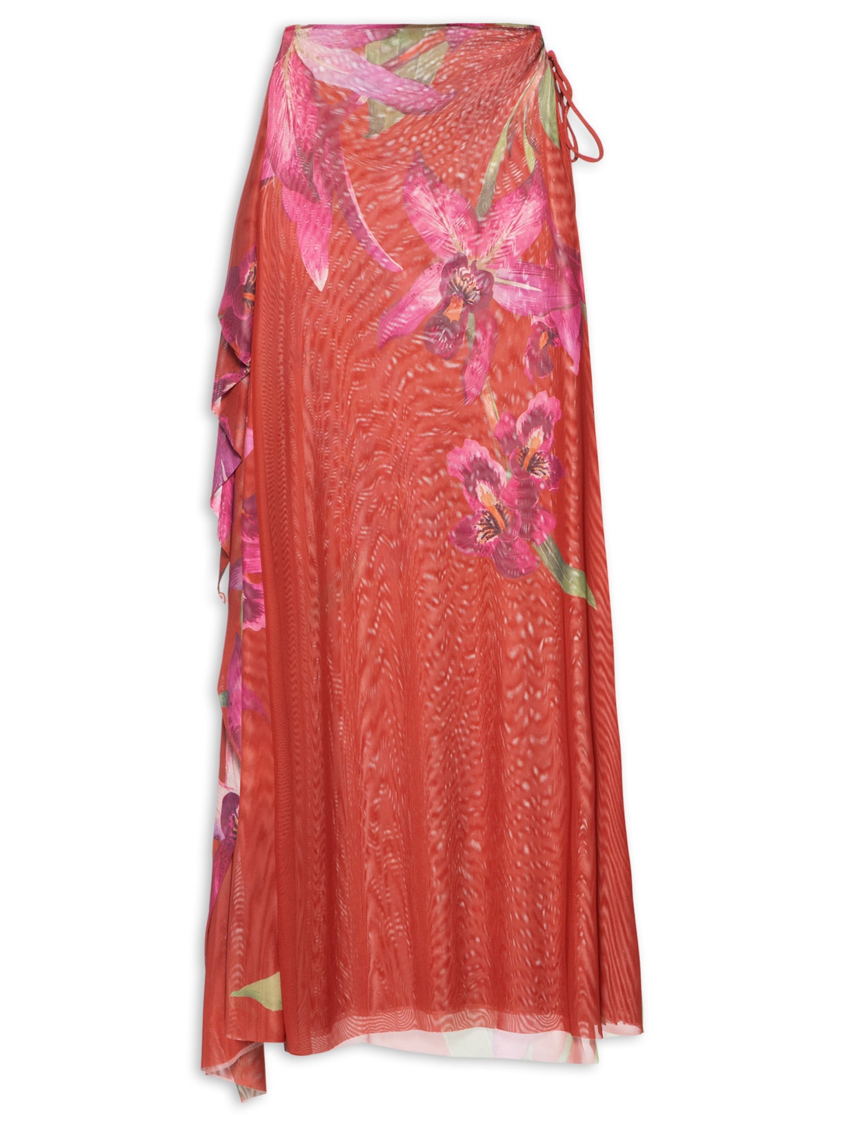 Saia Midi Tule Floral Orquídea - Vermelho