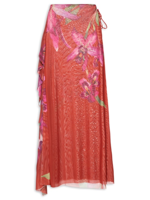 Saia Midi Tule Floral Orquídea - Vermelho