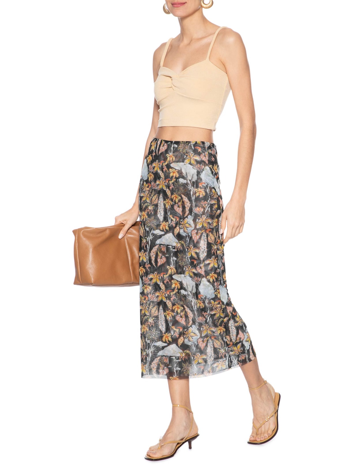 Saia Midi Tule Folhagem Mata D'Onça Preto Animale