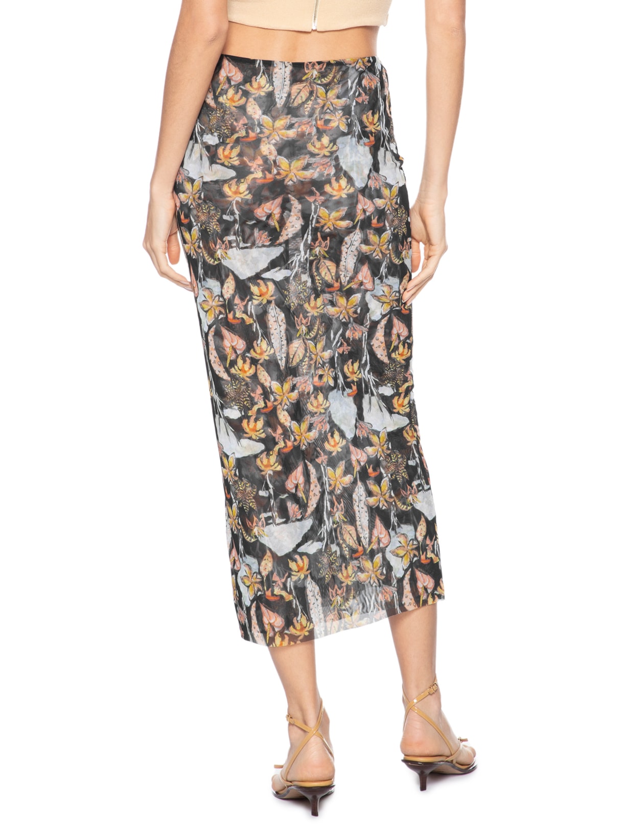 Saia Midi Tule Folhagem Mata D'Onça Preto Animale