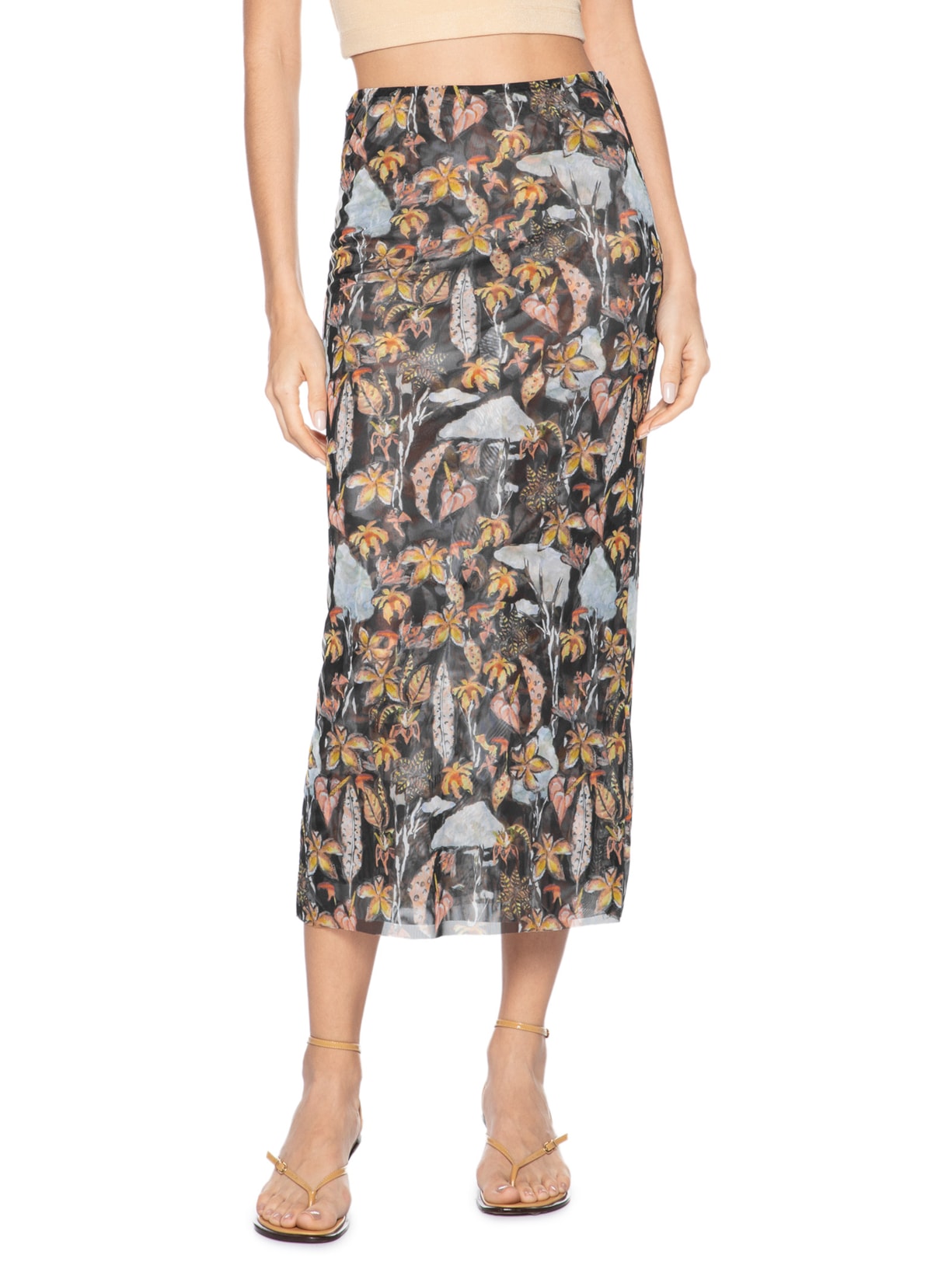 Saia Midi Tule Folhagem Mata D'Onça Preto Animale