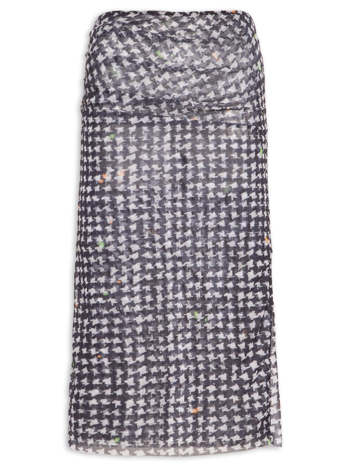 Saia Midi Tule Pied Poule Preto Animale