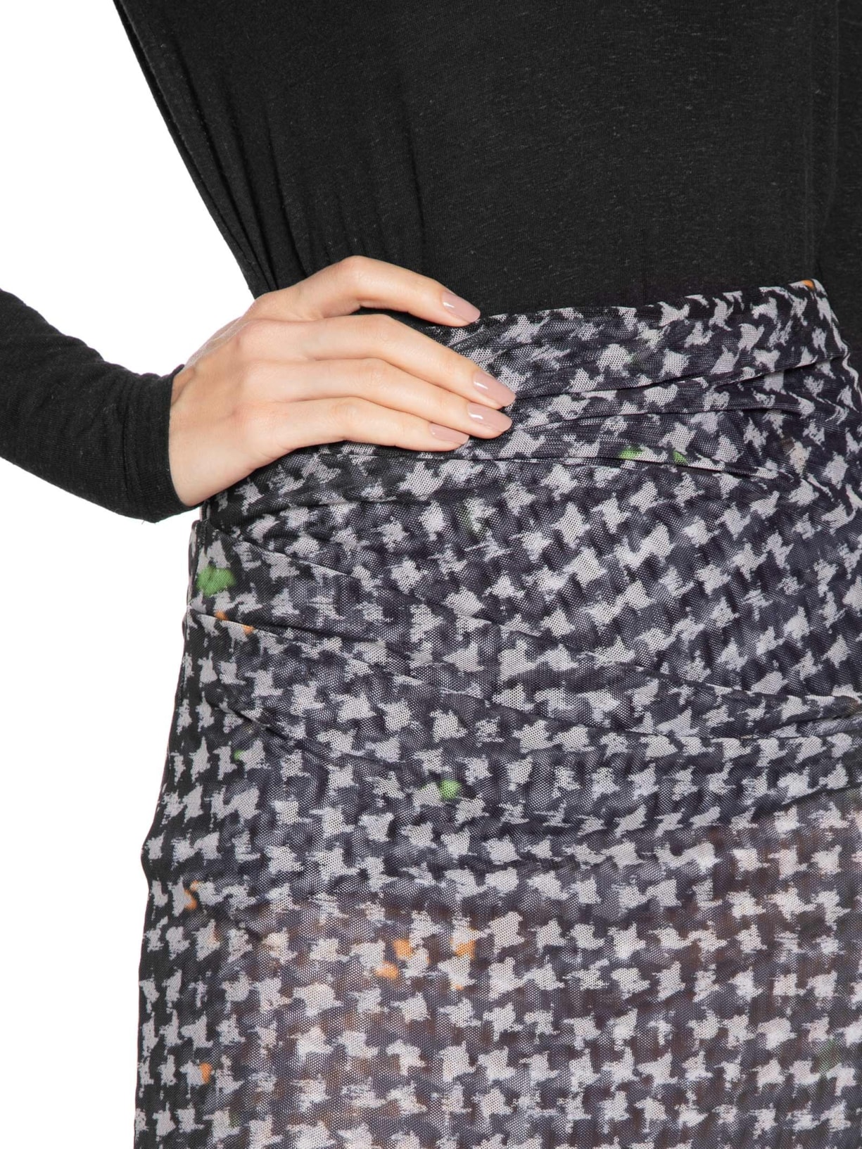 Saia Midi Tule Pied Poule Preto Animale