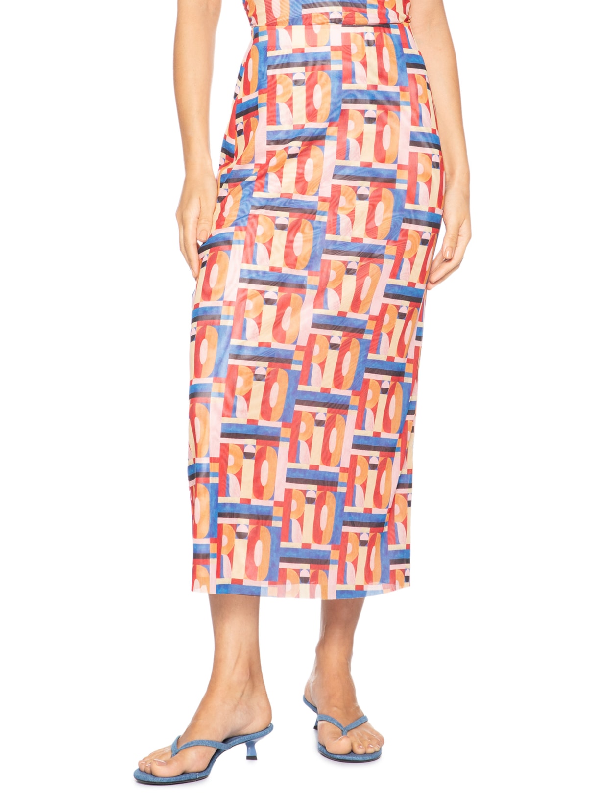 Saia Midi Tule Rio Gráfico Rosa Farm