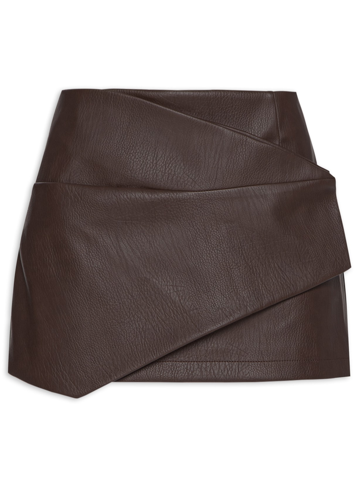 Saia Mini Like Leather Assimétrica - Marrom