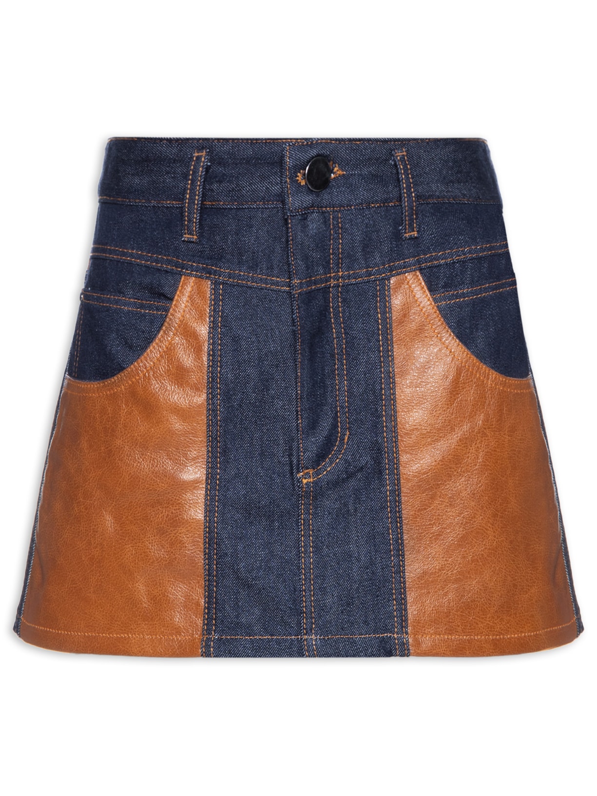 Saia Mix Couro Com Jeans Raw - Azul