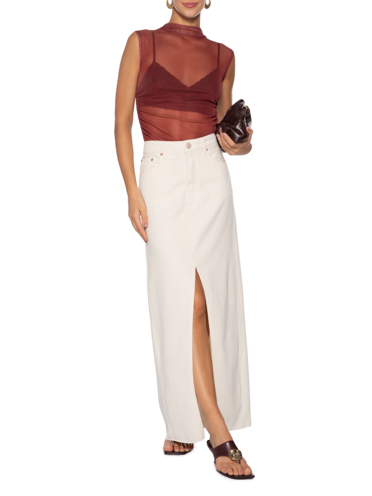 Saia Sarja Longa Abertura Frontal Branco Animale Jeans