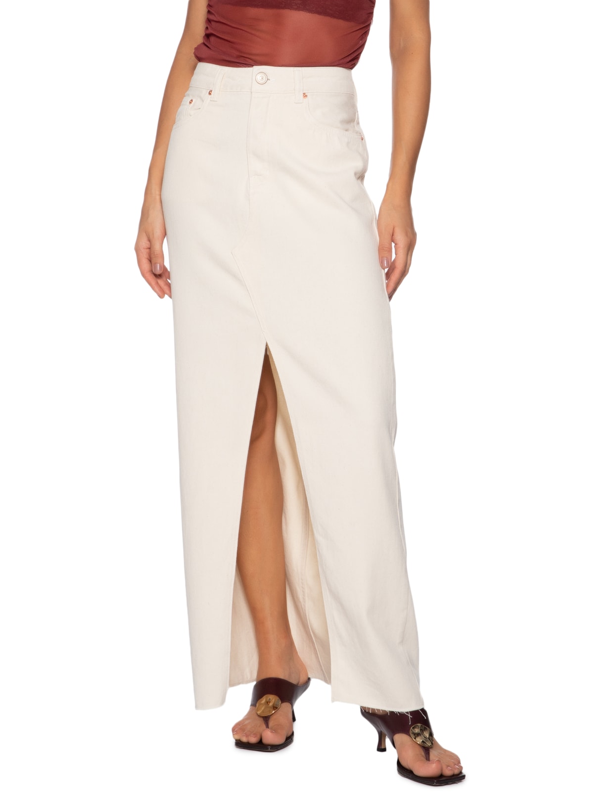 Saia Sarja Longa Abertura Frontal Branco Animale Jeans