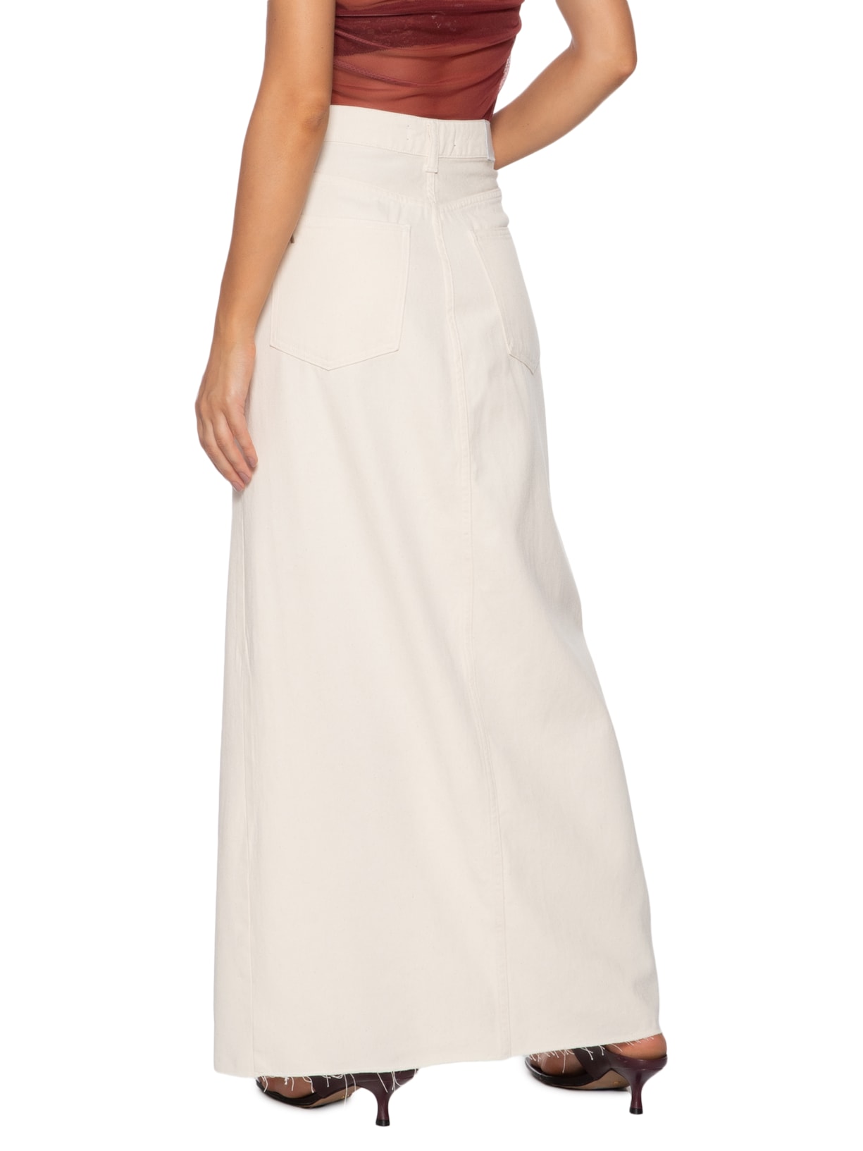 Saia Sarja Longa Abertura Frontal Branco Animale Jeans