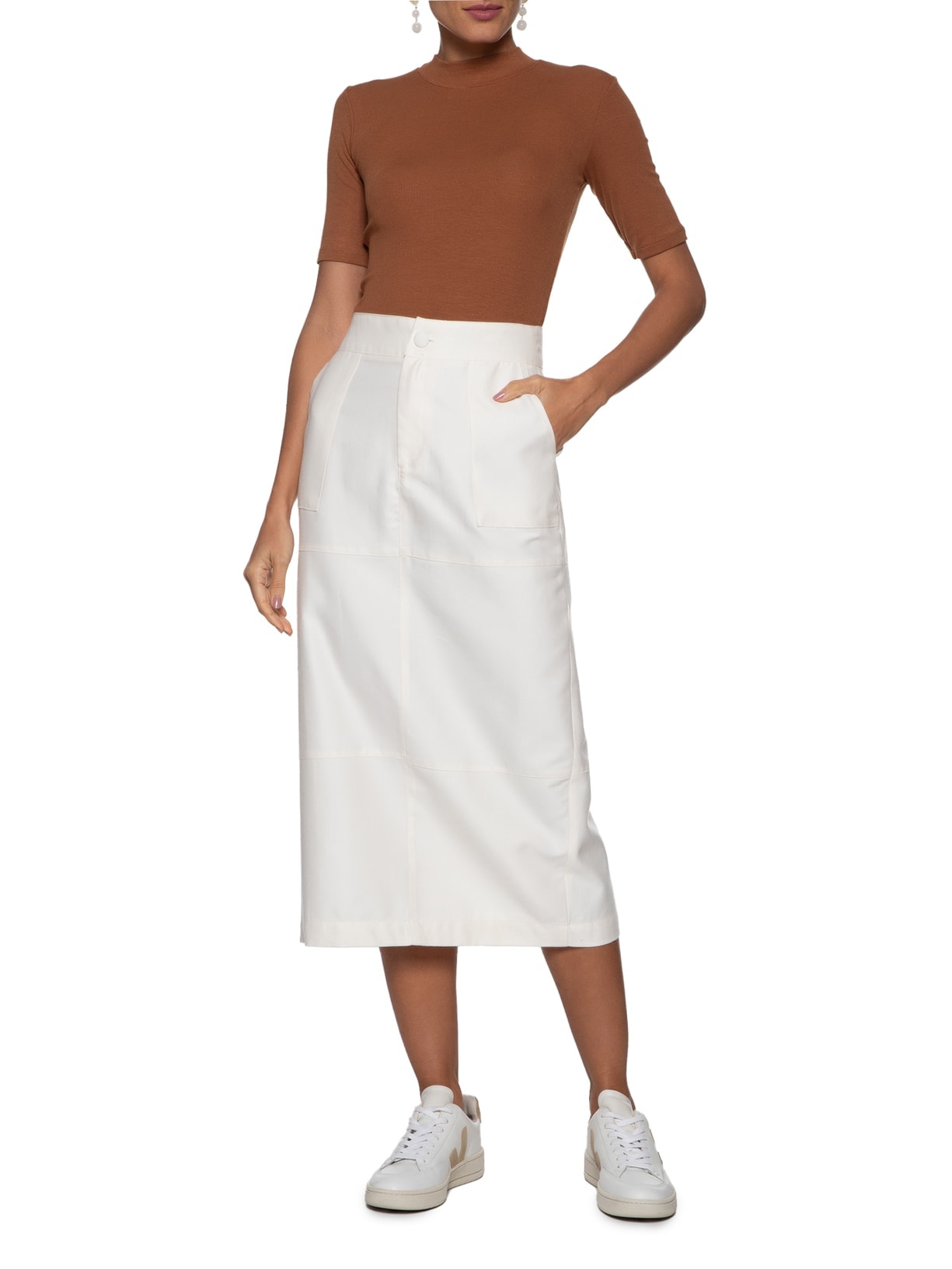 Saia Sarja Midi Com Recortes Off Whithe Basiq