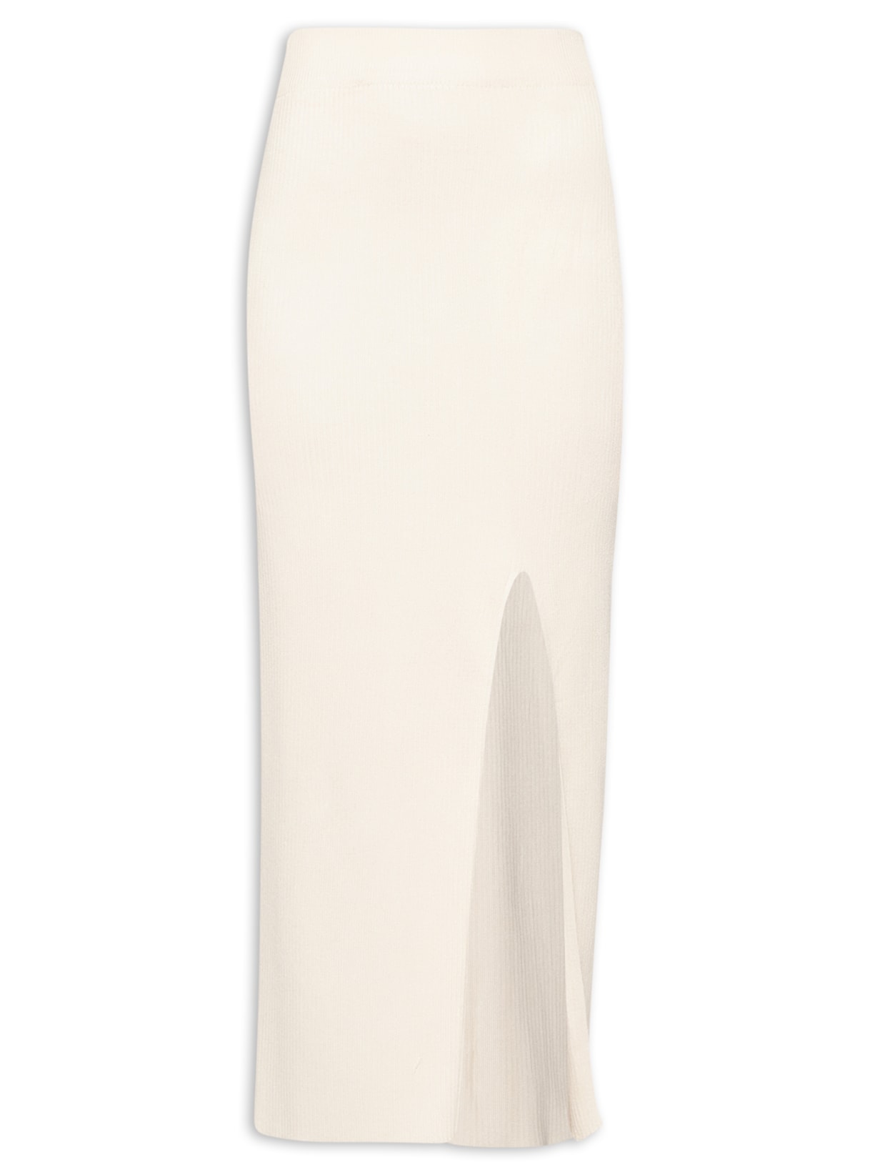 Saia Tricot Midi Com Fenda - Bege