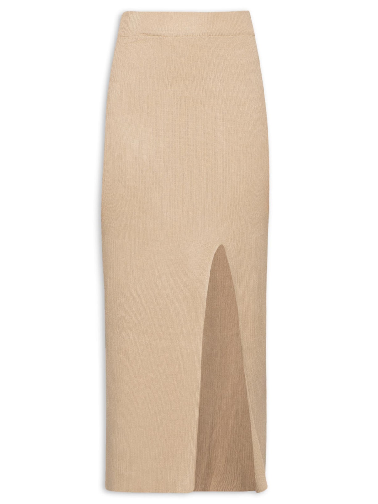 Saia Tricot Midi Com Fenda - Bege