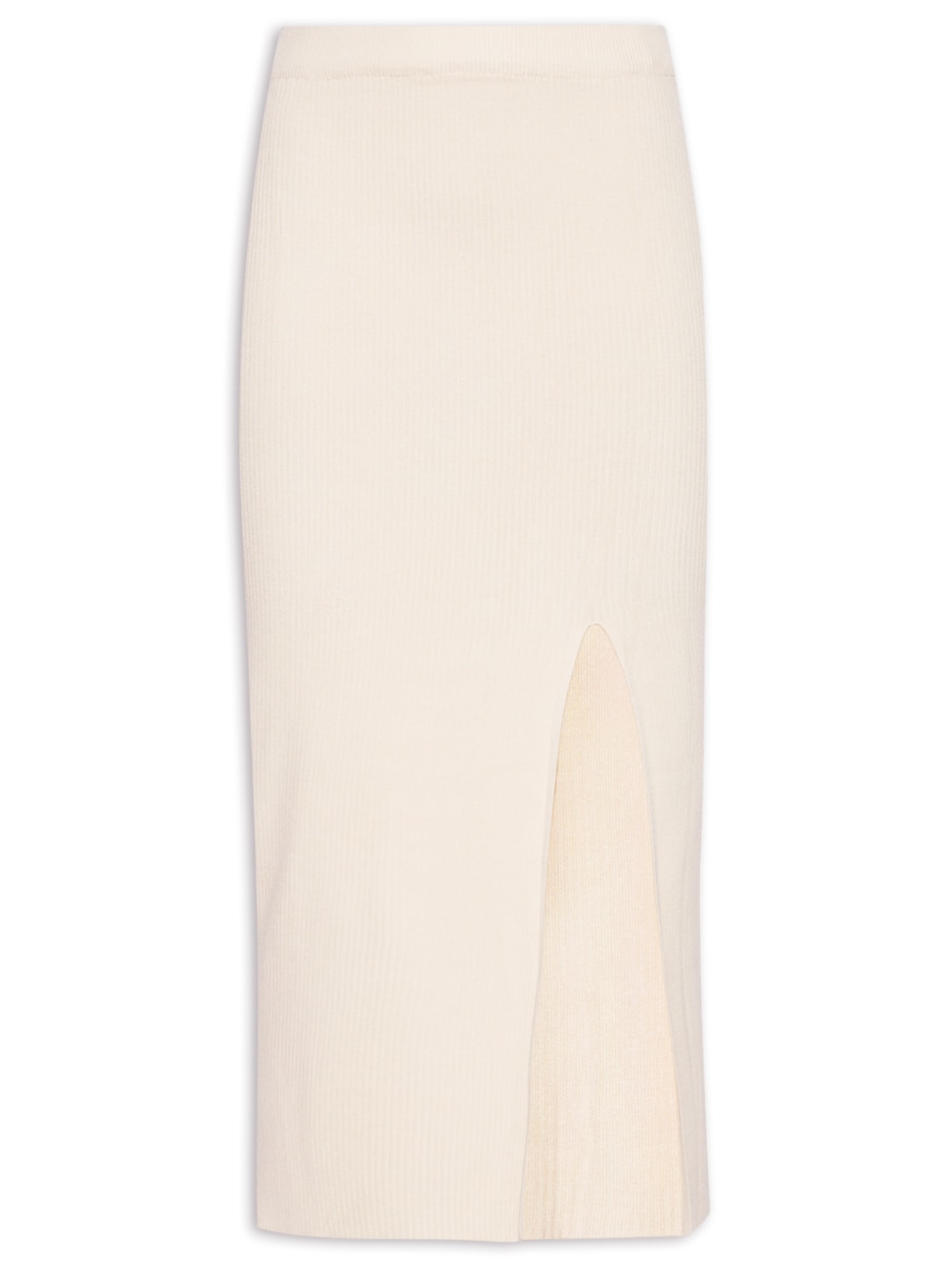 Saia Tricot Midi Com Fenda - Bege