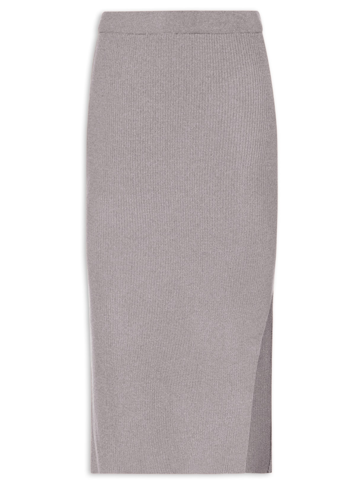 Saia Tricot Midi Com Fenda - Cinza