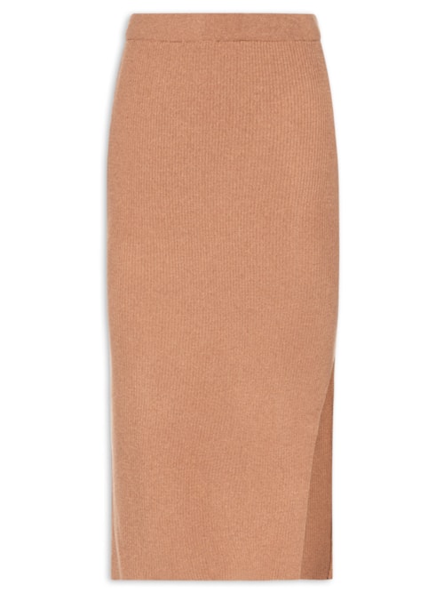 Saia Tricot Midi Com Fenda - Marrom