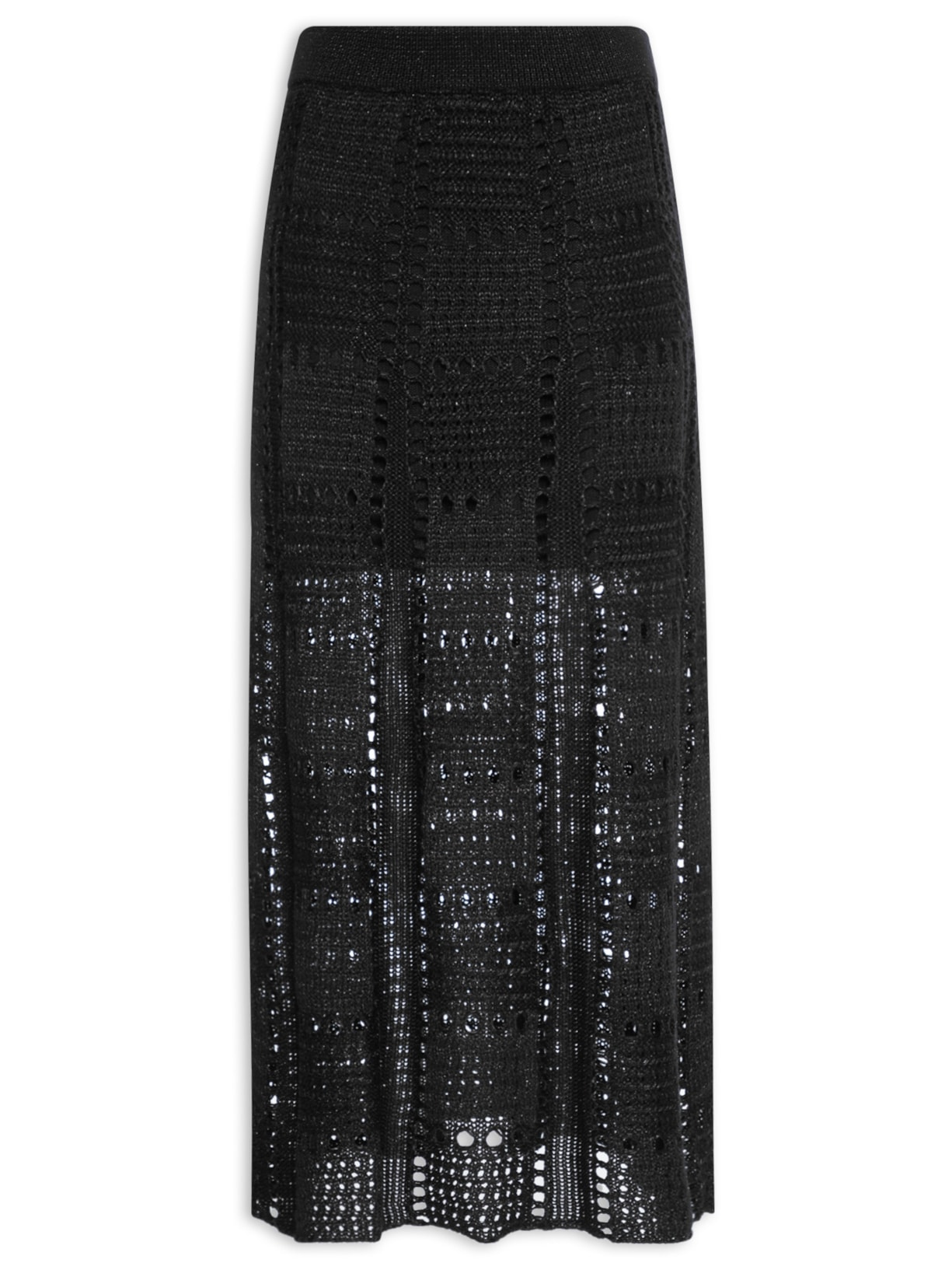 Saia Tricot Midi Crochê - Preto