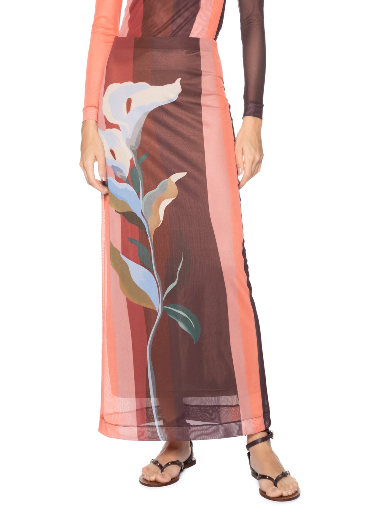 Saia Tule Estampa Brisa Floral Marrom Dress To