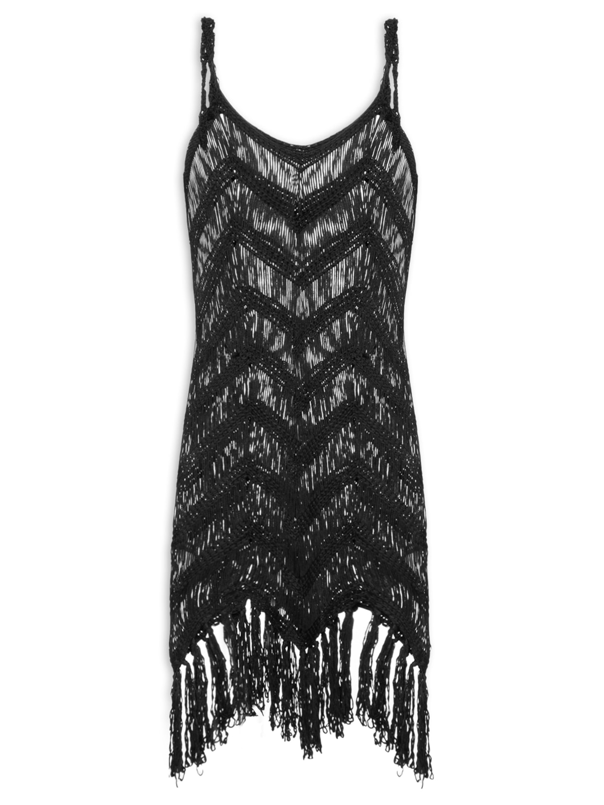 Saída De Praia Feminina Vestido Com Franjas - Preto