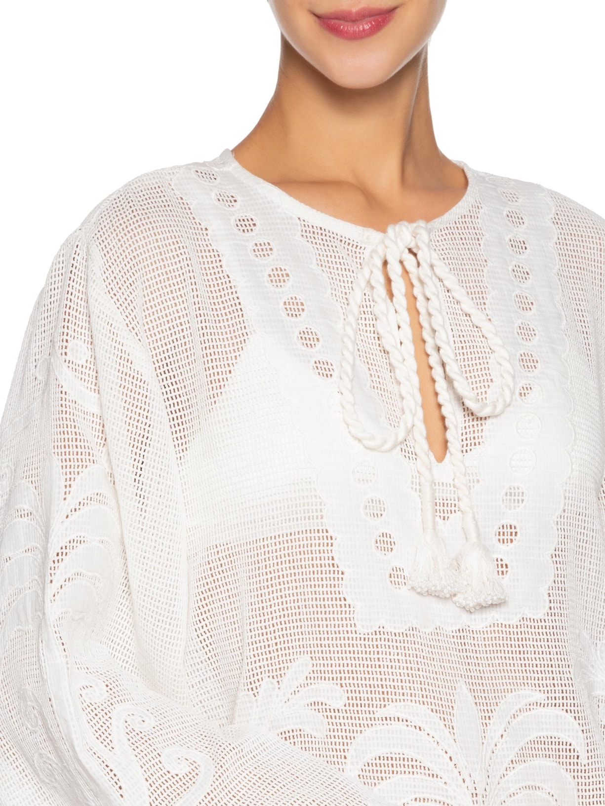 Saída Feminina Caftan Tela Listra Tropical Off White Farm Praia