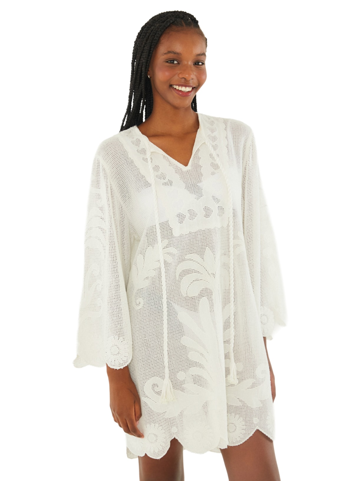 Saída Feminina Caftan Tela Listra Tropical - Off White