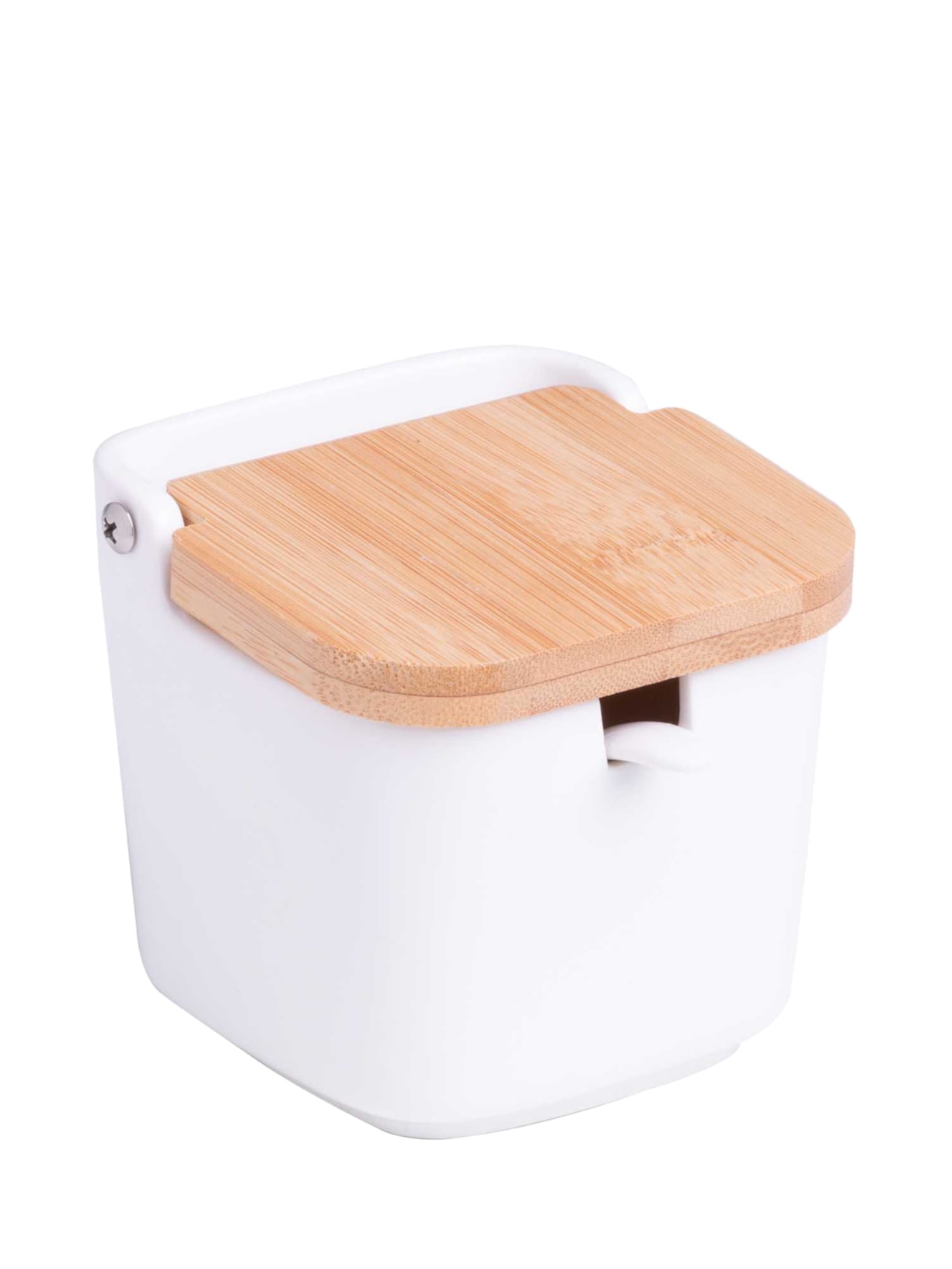 Saleiro de Mesa de Cerâmica com Tampa de Madeira e Colher Bianco - Branco