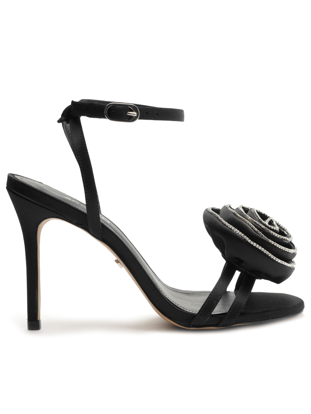 Sandália Feminina Cetim Salto Alto Flor - Preto