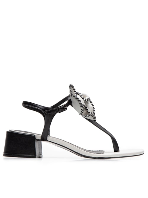 Sandália Feminina Com Salto Em Couro Flor - Preto