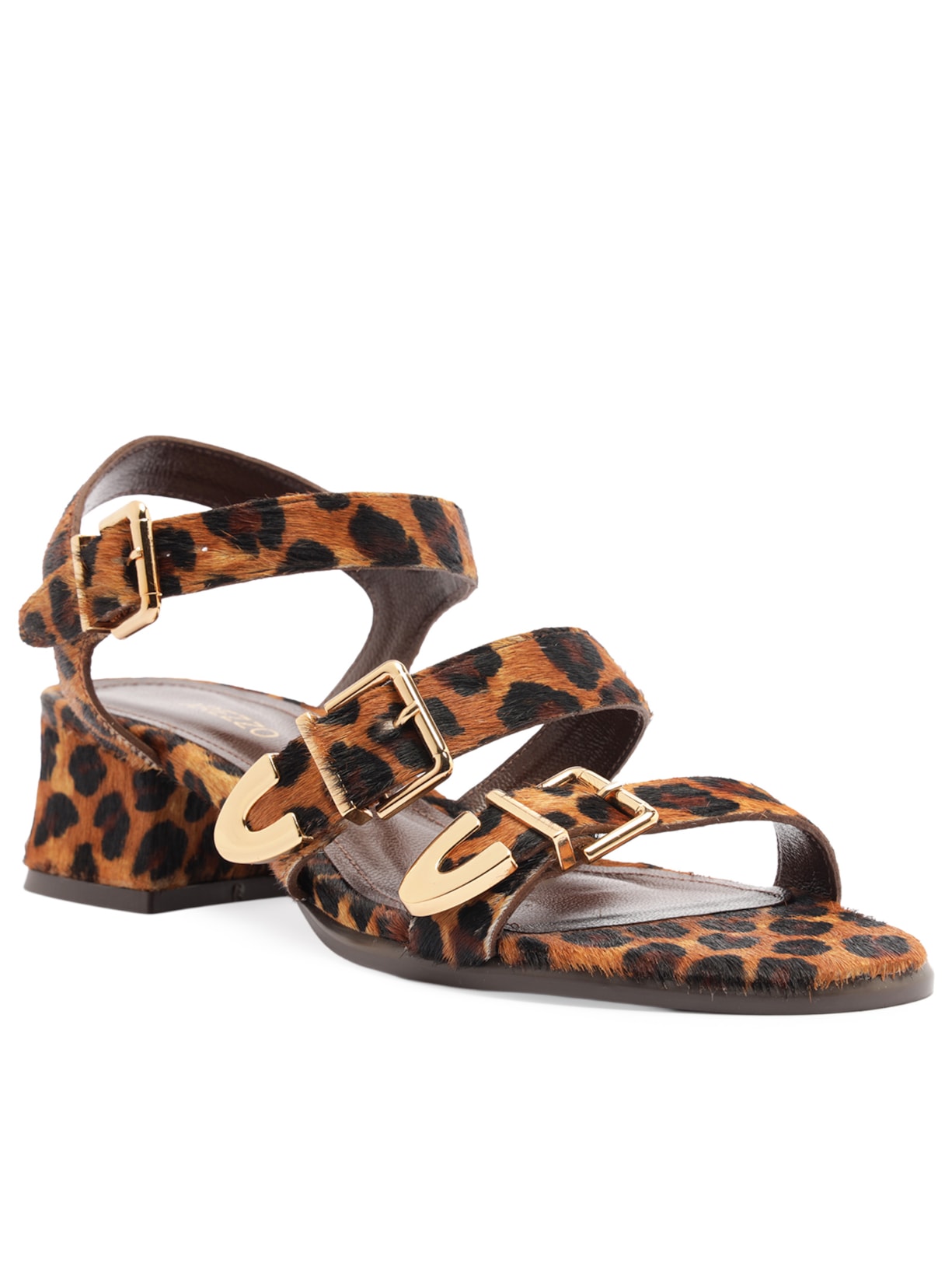 Sandália Feminina Couro Bloco Tiras Fivelas Animal Print Arezzo