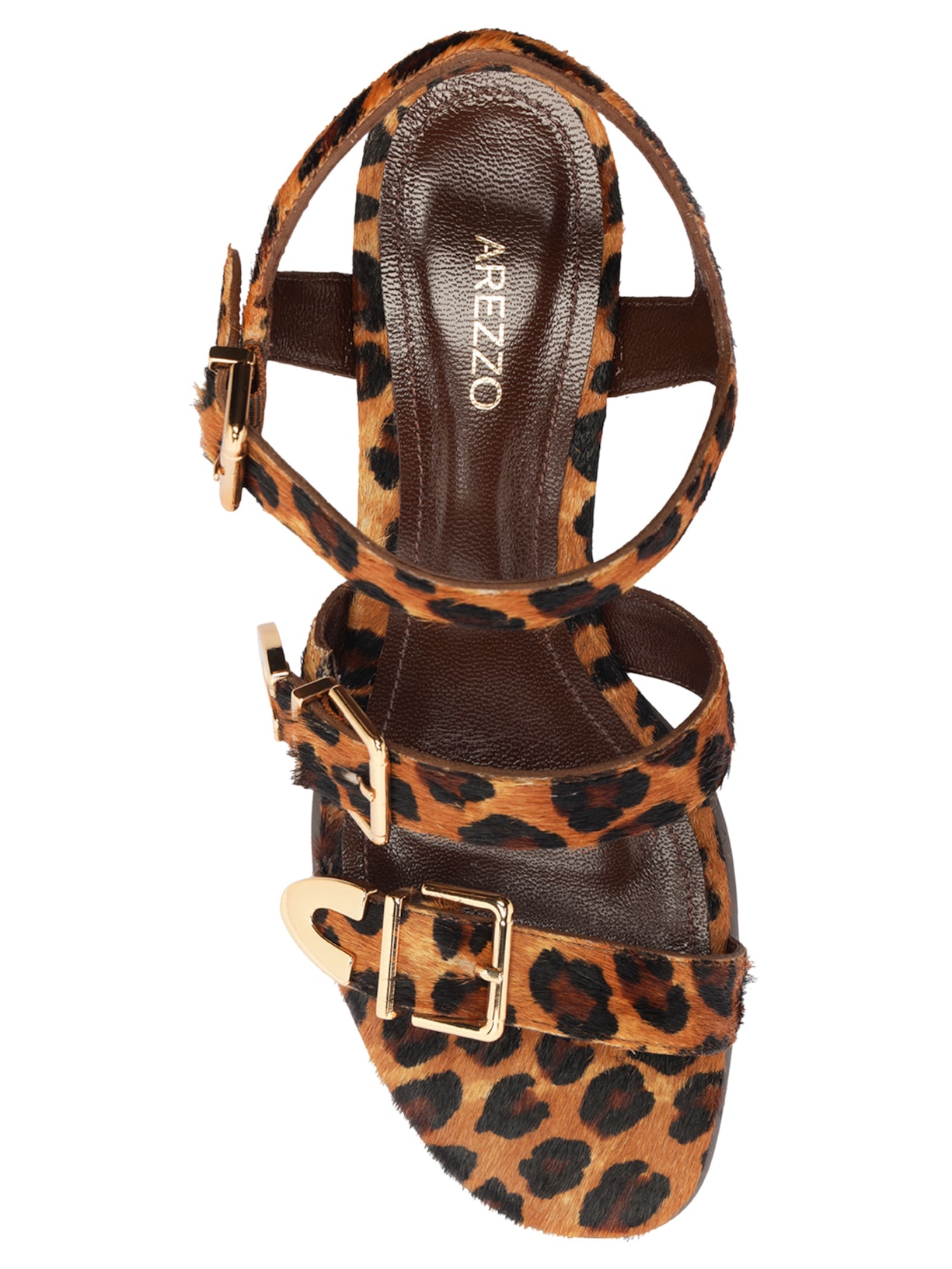 Sandália Feminina Couro Bloco Tiras Fivelas Animal Print Arezzo