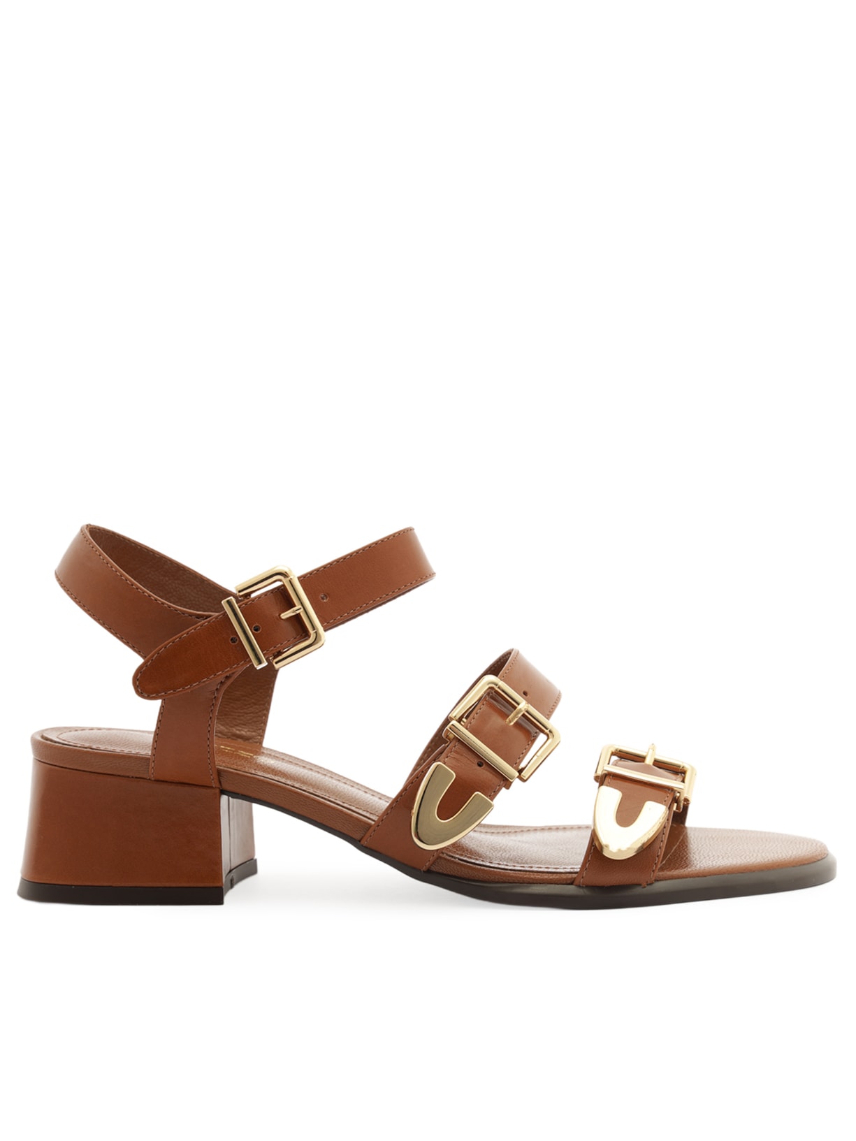 Sandália Feminina Couro Bloco Tiras Fivelas - Marrom