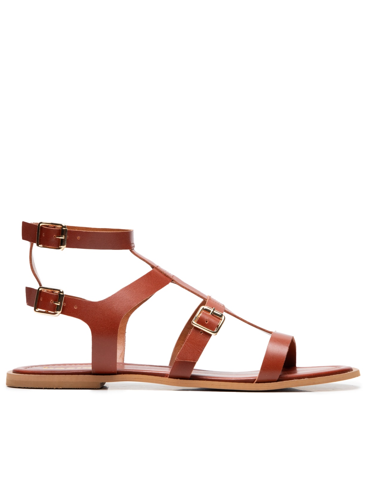 Sandália Feminina Couro Gladiadora Básica Com Fivelas - Marrom