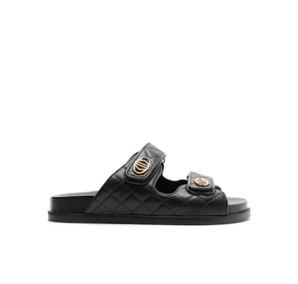 Sandália Feminina Couro Matelassê Velcro - Preto