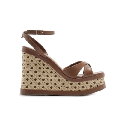 Sandália Feminina Couro Palha Sextavada Plataforma - Marrom