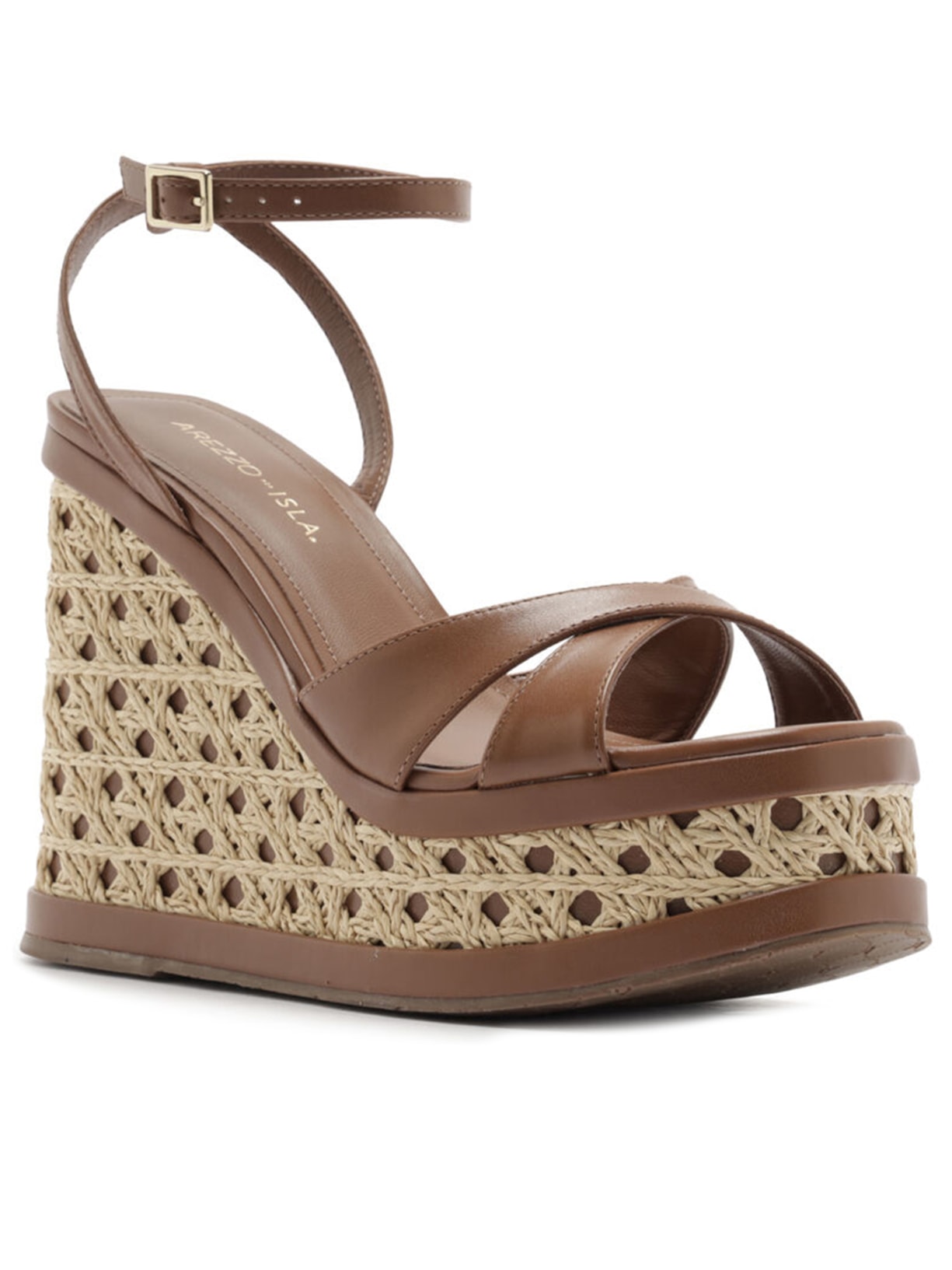 Sandália Feminina Couro Palha Sextavada Plataforma Marrom Arezzo + Isla