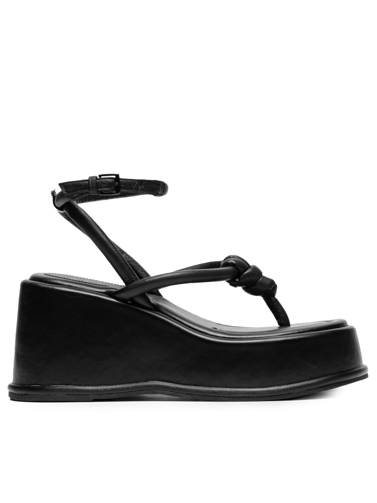 Sandália Feminina Couro Plataforma Tiras Bomber - Preto