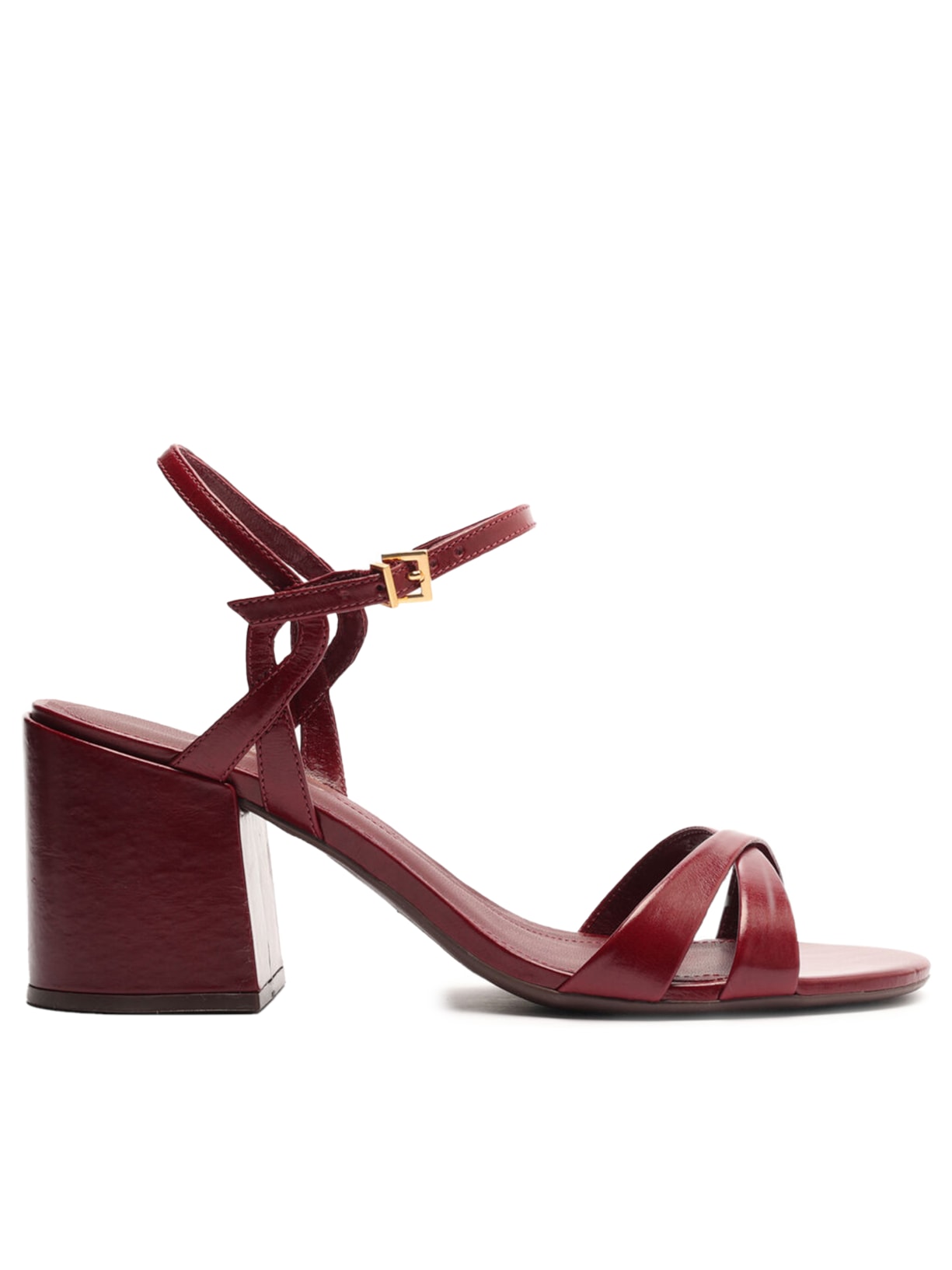 Sandália Feminina Couro Salto Bloco Detalhe Cruzado - Vinho