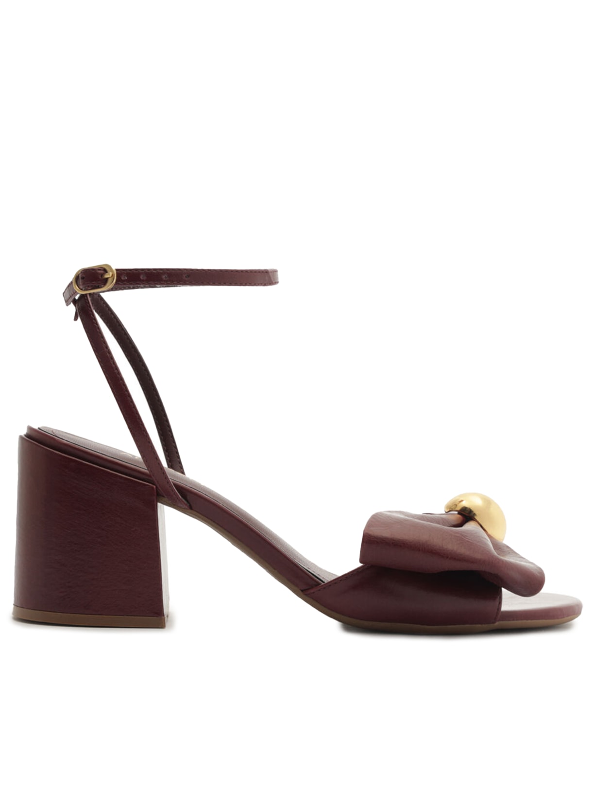 Sandália Feminina Couro Salto Bloco Laço Metal - Vinho