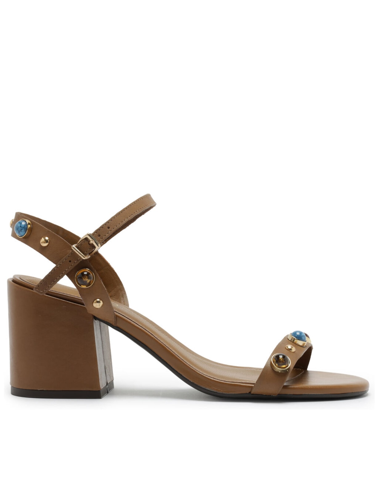 Sandália Feminina Couro Salto Bloco Pedras - Marrom