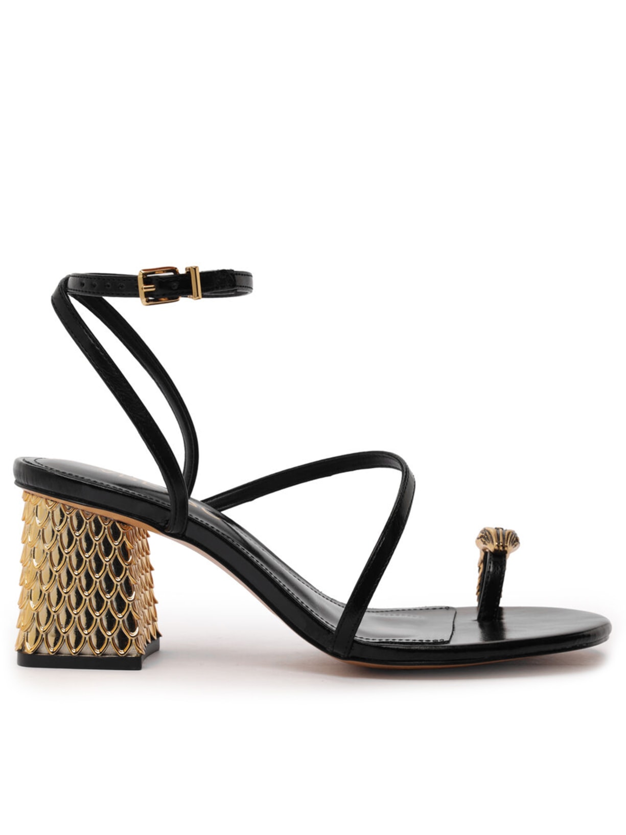 Sandália Feminina Couro Salto Bloco Textura Metal - Preto