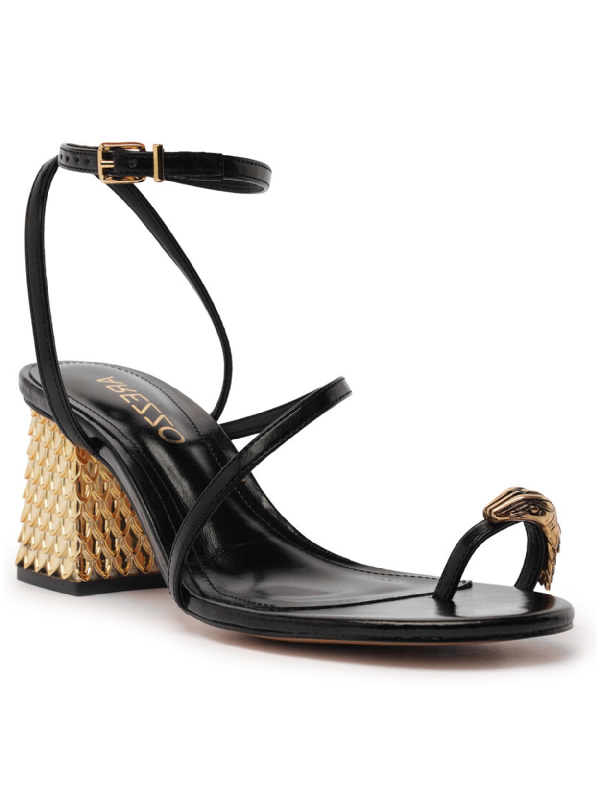 Sandália Feminina Couro Salto Bloco Textura Metal Preto Arezzo